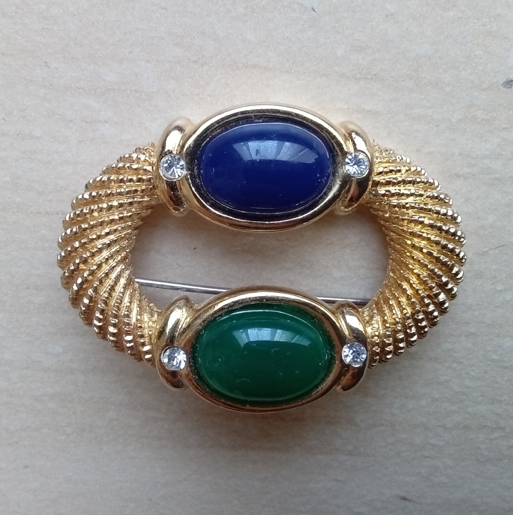 Vintage Caroline Herrera Door Knocker Brooch with Blue & Green Cabochons,1980s